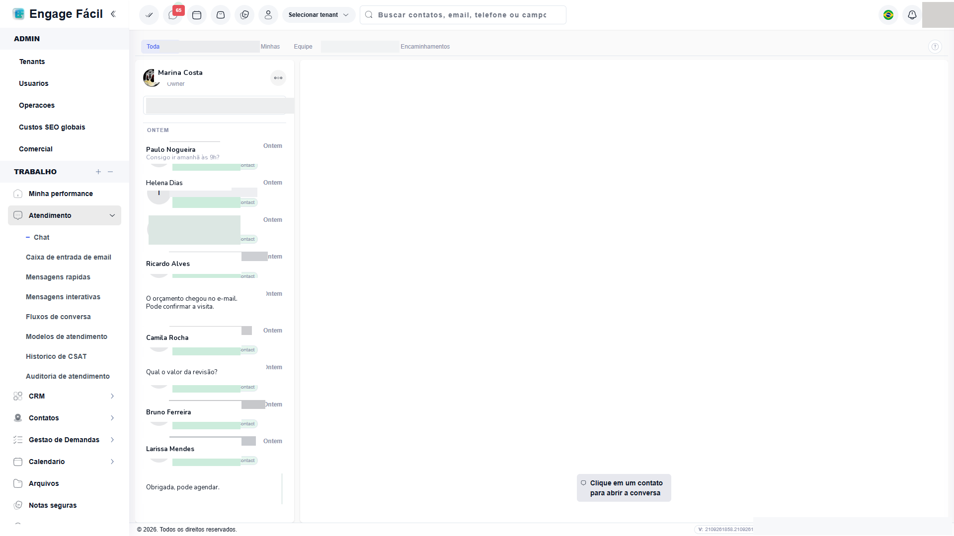 Caixa de conversas do EngageFacil Zap, com a lista de atendimentos.