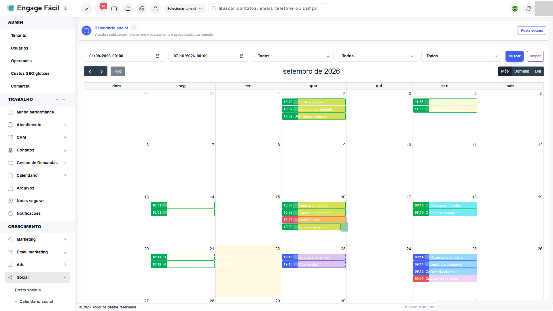 Calendário de publicações sociais do EngageFacil.