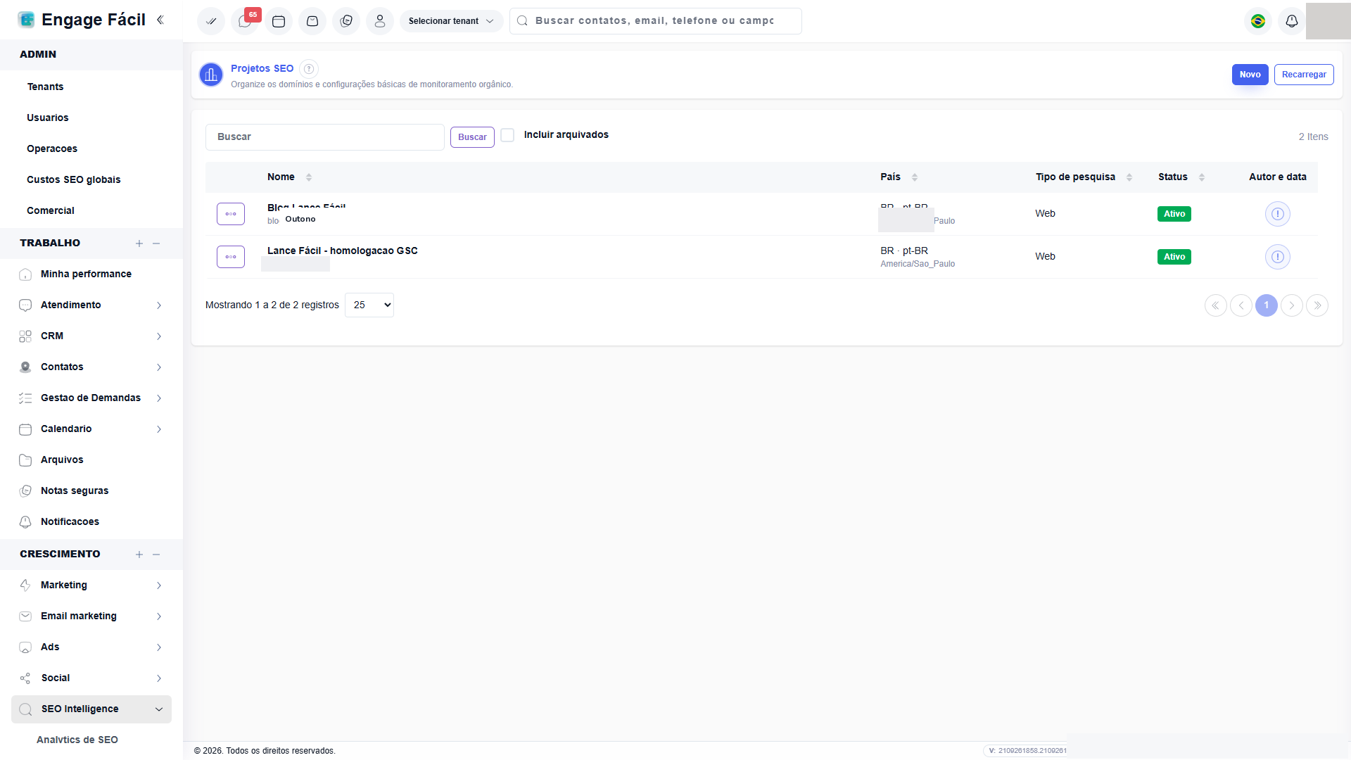 Tela de projetos de SEO Intelligence do EngageFacil.