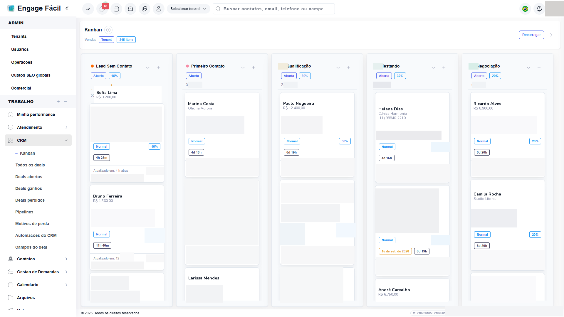 Kanban de vendas do EngageFacil, com colunas de etapa, SLA e atualização dos deals.
